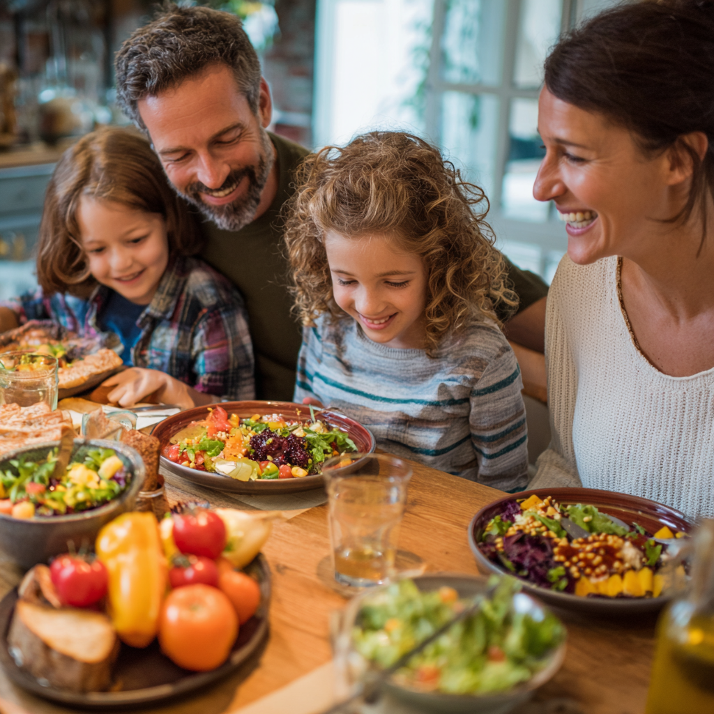 Happy European family of 4 people (parents in their 30s and two children) enjoying healthy meal together at dining table, smiling and showing satisfaction with nutritious food