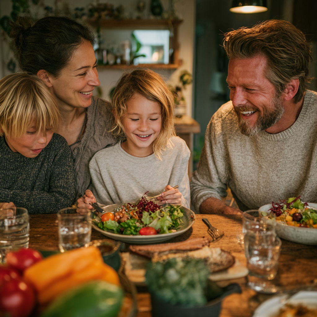 Professional European nutritionist in her 30s consulting with client, showing meal planning charts and healthy food samples in modern office setting